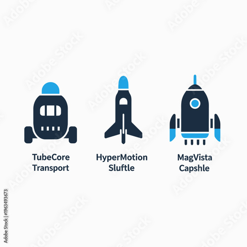 Futuristic transportation icons featuring advanced spacecraft capsule shuttles and rocket style vehicles for high speed travel concepts space exploration and innovative logistics management