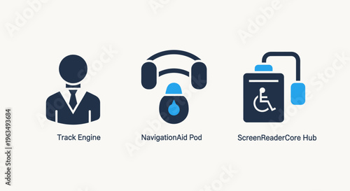 Disability and navigation assistance icons featuring tracking guide person audio navigation pod and accessibility beacon reader hub for inclusive smart environment infrastructure projects