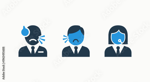 Healthcare icons depicting patients with dental pain facial protection masks and mouth shield security for medical safety dentistry and infectious disease prevention concepts in medical app