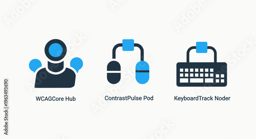 Technology communication and interface icons featuring user network hub professional audio headset and digital keyboard for remote work gaming and data entry hardware systems on white background