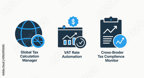 Global tax calculation manager icons with vat rate automation and cross border compliance monitor symbols for international trade and financial regulation