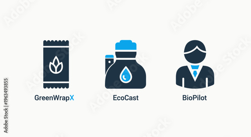 Sustainable packaging and eco friendly product icons featuring biodegradable wrapping and bio pilot professional profile for environmental conservation industry