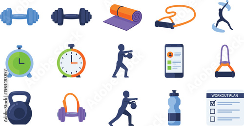 Workout and Fitness Training Icon Set with Dumbbells, Kettlebell, Jump Rope, Yoga Mat, Timer, Mobile App, Water Bottle, and Exercise Elements