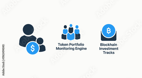 Blockchain investment track icons and token portfolio monitoring engine graphics for cryptocurrency finance and digital asset management software interface