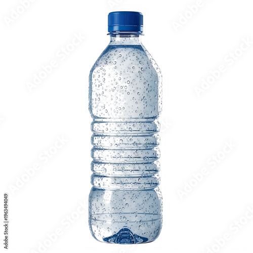 A clear plastic water bottle with a blue cap isolated on transparent background
