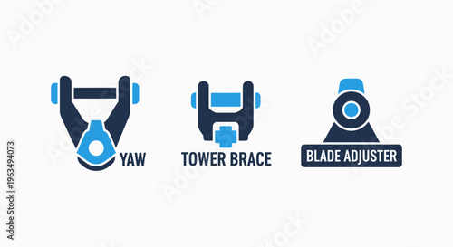 Industrial icons of wind turbine components including yaw mechanism tower brace and blade adjuster for renewable energy maintenance and engineering technology