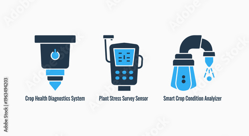 Smart farming agriculture technology icons for crop health diagnostics with plant stress sensor and irrigation condition monitor for modern precision agritech industrial system solutions for farm