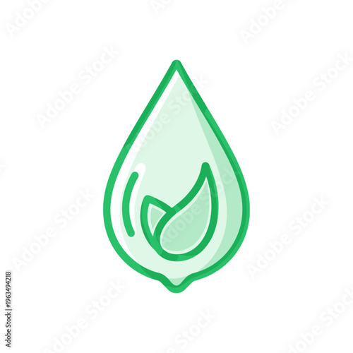 Green drop icon with a leaf symbolizing nature, organic, and environmental friendliness for cosmetic or health products