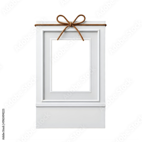 A white picture frame with a brown rope tied in a bow isolated on transparent background
