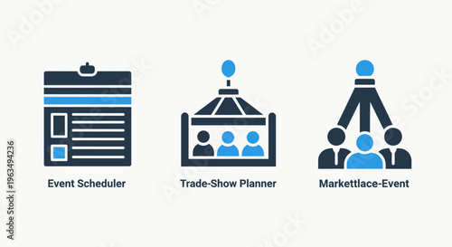 Event planning and trade show management icons for marketplace organization and business schedule scheduling with group networking for corporate exhibitions and commercial conventions display
