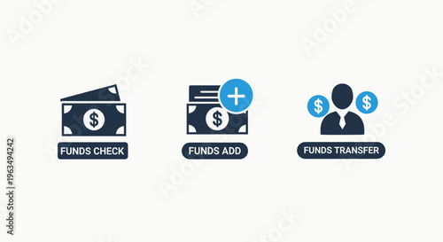 Banking and money management icons for funds check and cash transfer with add balance feature for digital wallet transactions and personal finance accounting software applications for mobile app