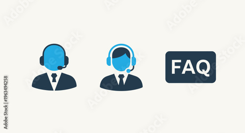 Customer support service icons with male and female call center agents wearing headsets and an faq information button for help desk website sections and client assistance user interfaces