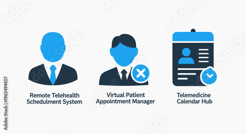 Digital healthcare and telemedicine service icons showing remote patient appointment scheduling system and medical calendar management for virtual clinics