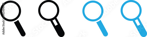Magnifying glass icons in black and blue colors for search and inspection purposes