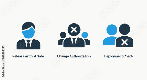 Business workflow authorization icons set for software deployment check release arrival and user access management process in professional blue and black