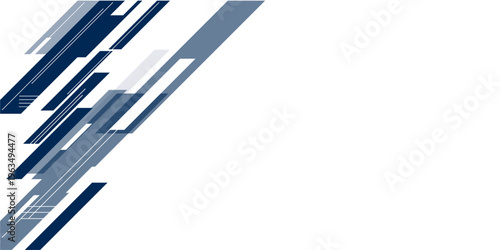 High contrast blue and gray, white glossy stripes. Abstract tech graphic banner design.
