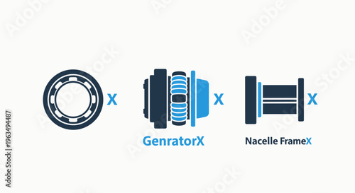 Industrial mechanical component icons showing bearing generator and nacelle frame assemblies for engineering design and heavy machinery maintenance