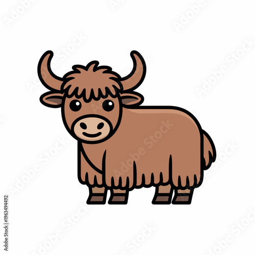 Adorable yak or ox cartoon illustration, cute brown fluffy farm animal character