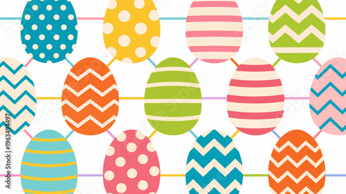 Colorful Easter eggs hanging on strings for a festive Easter egg hunt with diverse families in mind, against a clean white background with a joyful mood.