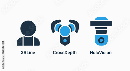 Extended reality and augmented reality technology icon set featuring headset user interface depth sensors and holographic vision systems for future computing and spatial interaction projects