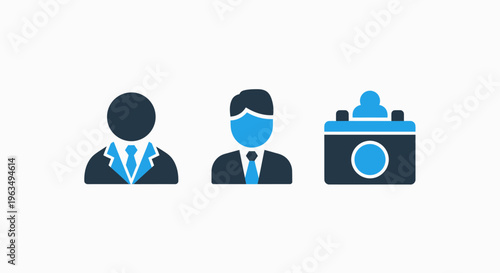 Professional corporate business avatar and identification management icon set featuring user profile silhouettes and security credential camera systems for employee access verification panels