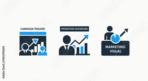 Digital marketing visuals and investment tracking dashboard icon set for campaign performance analysis financial growth monitoring and strategic business statistics visualization graphics pack