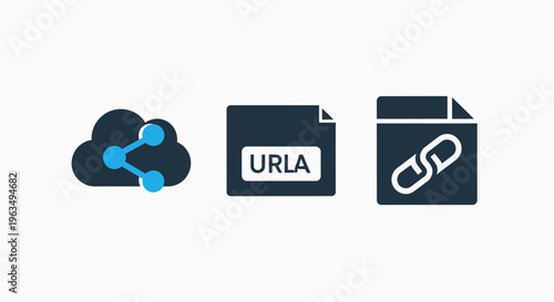Cloud data sharing and website link icons featuring document folders with chain symbols and url connections for digital file storage and internet information access systems in a flat vector style