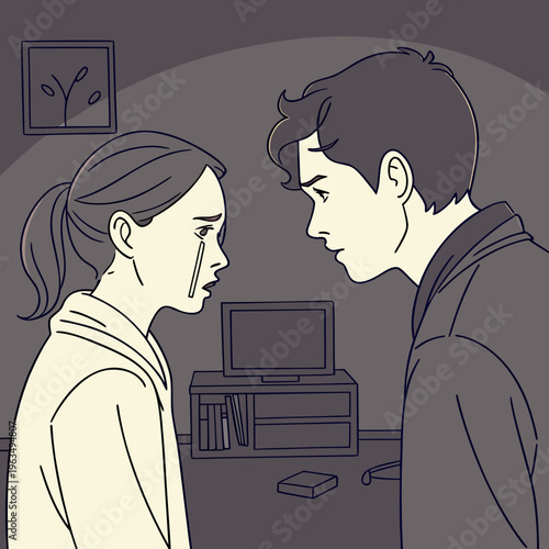 A man and woman look at each other in a room