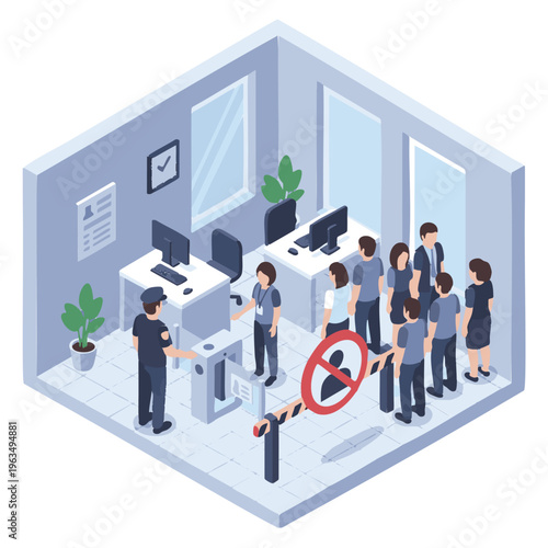 Security checkpoint with people in line and warning sign.