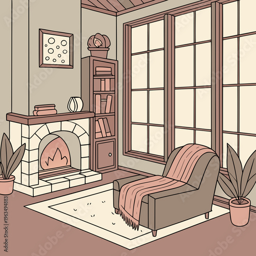 A cozy living room with a fireplace and armchair