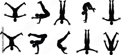 Parkour and freerunning silhouette set with men performing acrobatic jumps flips and athletic stunts for extreme sports design,