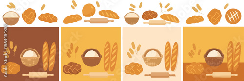 Collection of bakery elements with bread, dough, rolling pin, flour, wheat, baking, rustic, warm colors, food illustration, artisanal.