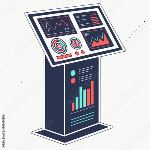 A digital kiosk with graphs and charts on the screen