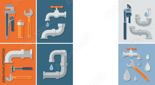 Collection of plumbing tools and fixtures including wrenches, pipes, and faucets for home repair and maintenance.