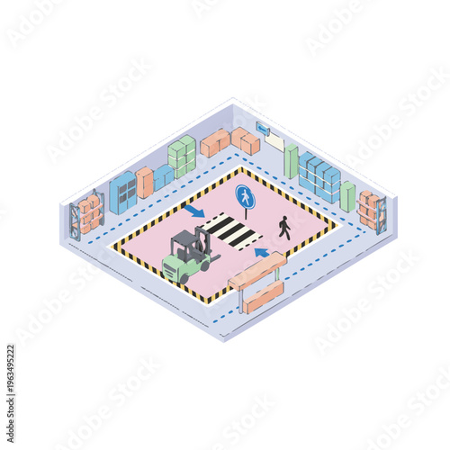 Warehouse with forklift traffic and pedestrian crossing zone.