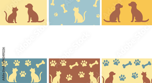Cute pets background collection, adorable cats and dogs silhouettes, paw prints and bones, cartoon style pet theme.