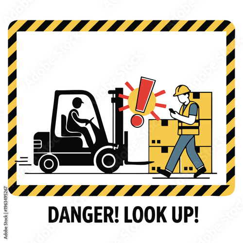 Worker distracted by phone in forklift traffic zone.