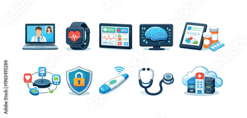 Digital healthcare technology icons representing telemedicine, wearables, and data analysis