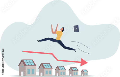 Housing price falling down, real estate and property crash, value drop or decline, home loan or mortgage risk concept.person's life situation and his activities.