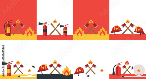 Firefighter safety equipment banners with fire extinguishers axes helmets and flames on red and yellow background vector.
