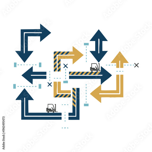 Forklift traffic flow arrows industrial warehouse logistics movement.