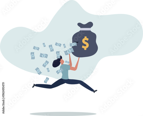 Woman Running with Money Bag with Holes — Financial Loss, Escaping Funds, and Risk Concept