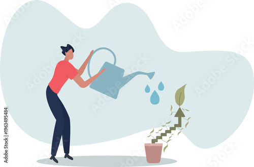 Personal Growth Concept . Man Watering Himself in Plant Pot, Self Development and Self Care Illustration