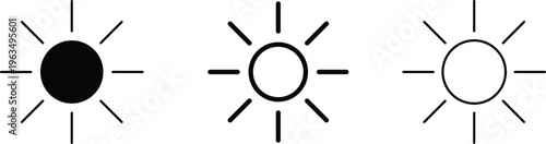 Minimalist Sun Icon Set, Brightness and Weather Vector Symbols for UI Design.