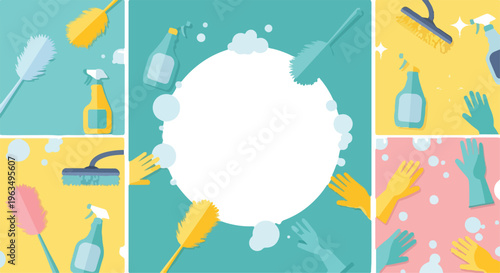 House cleaning supplies and tools collection with blank circle frame in center for text or product display on colorful background.