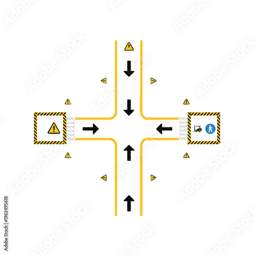 Industrial warehouse floor plan with safety markings.