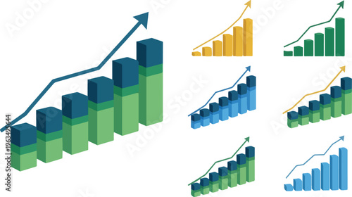 Isometric bar chart with growing arrow and financial data representation for success business growth and statistics set.