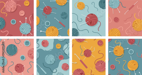 Knitting and crochet supplies yarn balls buttons and needles on patterned backgrounds.