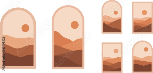Minimalist bohemian desert landscape in arch frame, contemporary abstract aesthetic, trendy earth tone color palette flat design.
