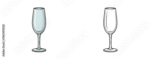 Cartoon glass champagne flute in color and black line art styles showing empty transparent narrow bowl on long stem for celebration on white background